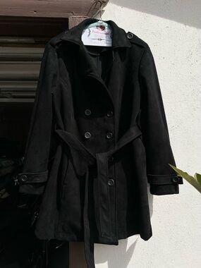 Simply Emma Black Double-Breasted Trench with Waist Tie